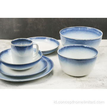 Dinner Stoneware Glazed Reaktif Set dengan Lingkar Biru